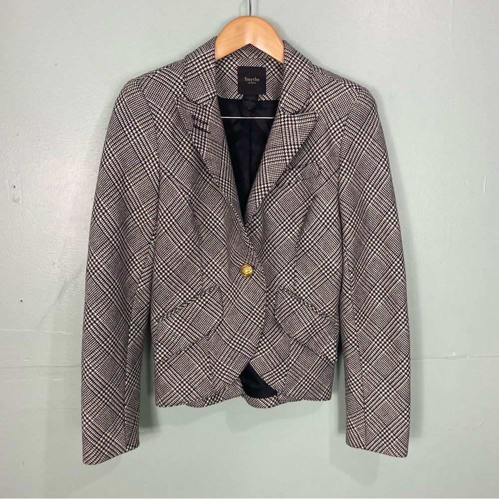 Smythe Black White Plaid Leather Elbow Patch Blazer Jacket Sz 12 Wool Blend